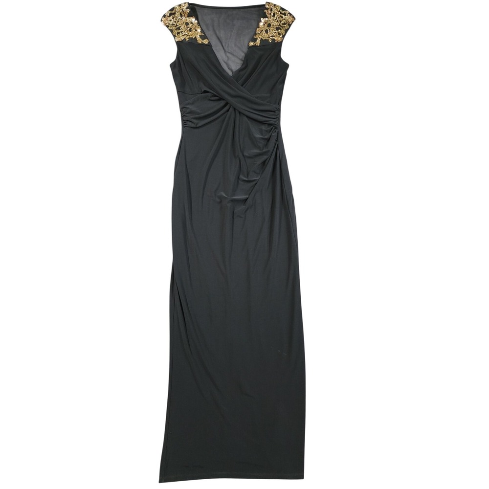 Lauren Ralph Lauren Evening Gown Gold Beaded Mesh V-Neck Formal Women 8 Black